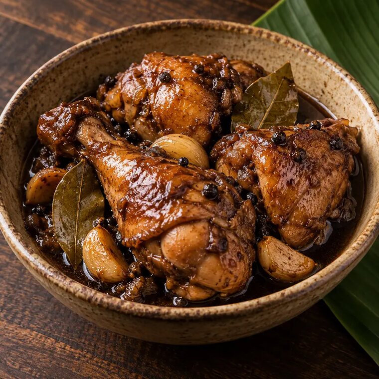 Glossy chicken adobo with garlic, bay leaves, and peppercorns